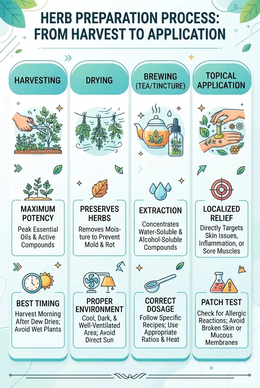 Infographic showing a step-by-step herb preparation process with four columns: harvesting, drying, brewing (tea/tincture), and topical