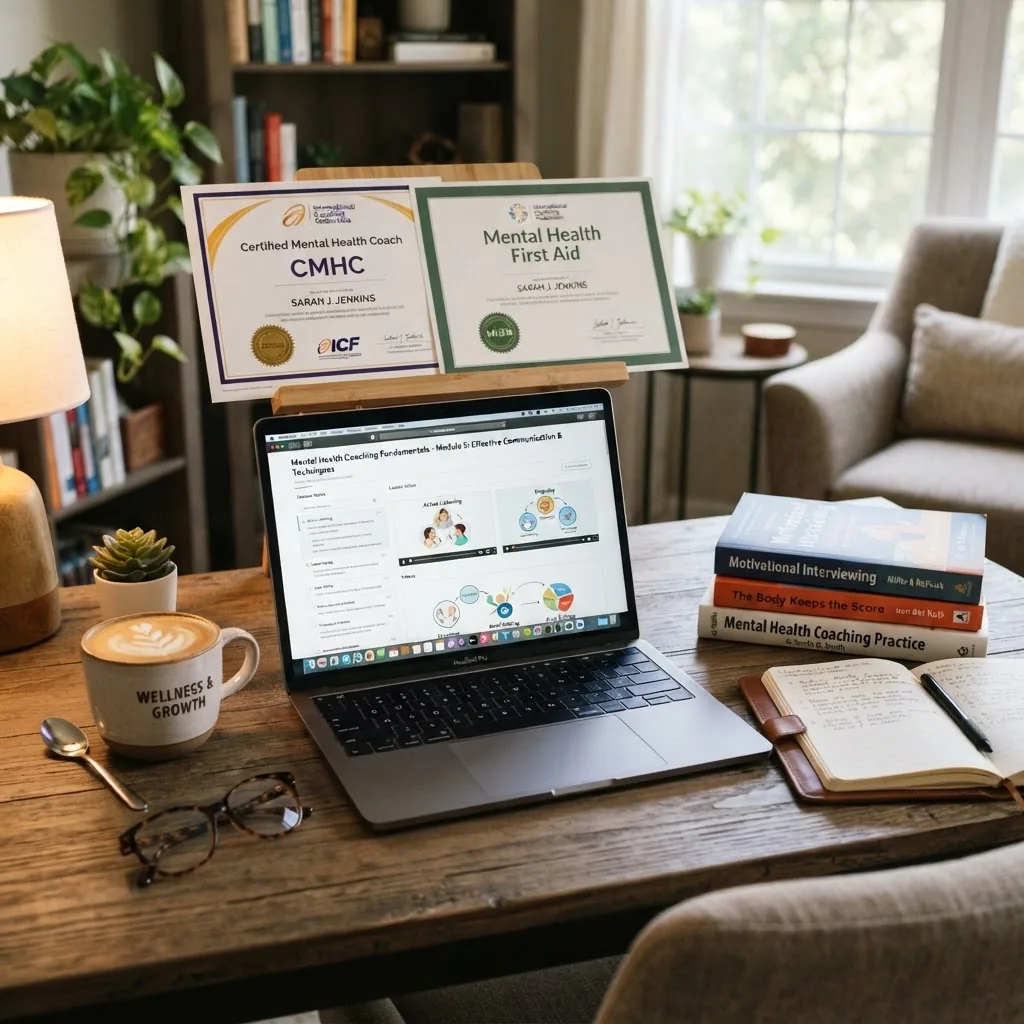 A modern workspace featuring a laptop screen displaying course content, certification documents, and books related to mental health