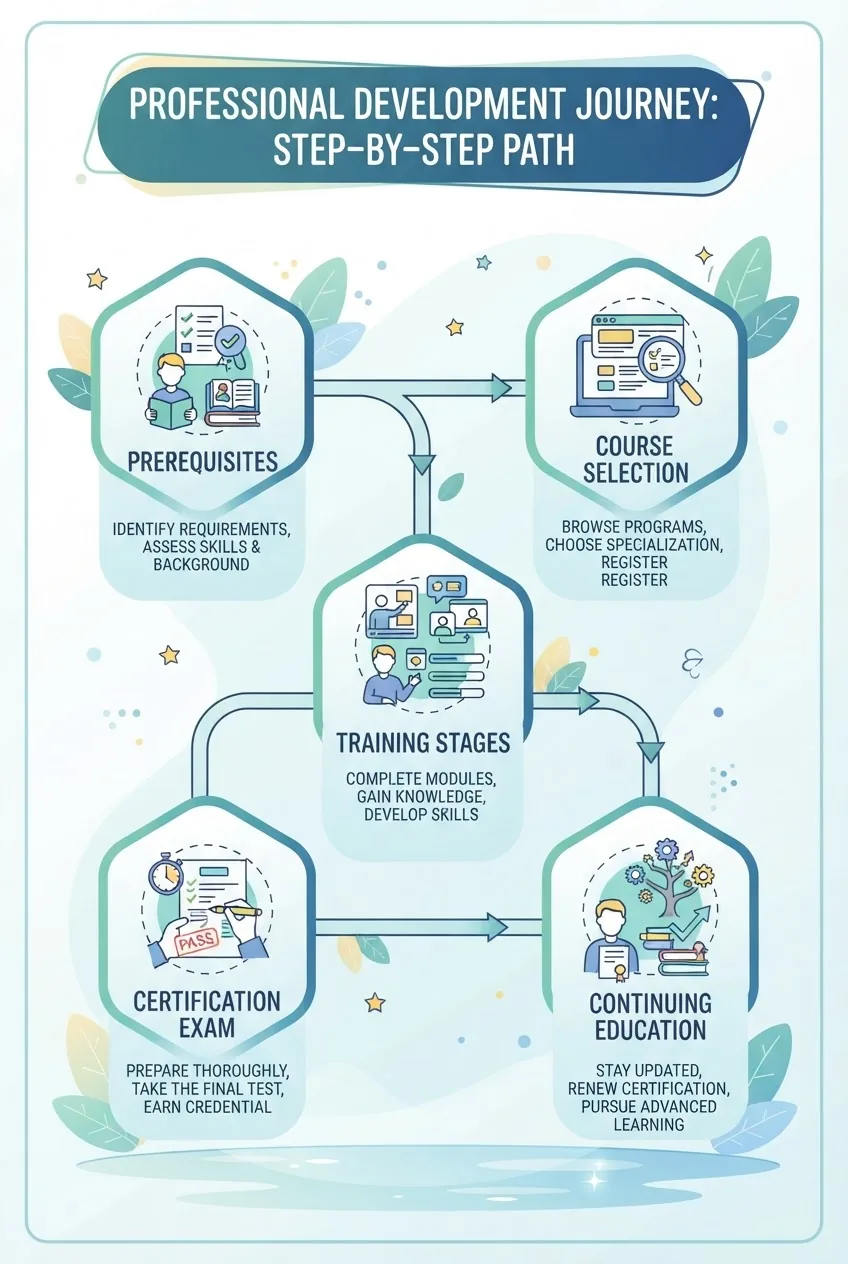A clean, visually engaging infographic showing a step-by-step path from prerequisites, course selection, training stages, certification