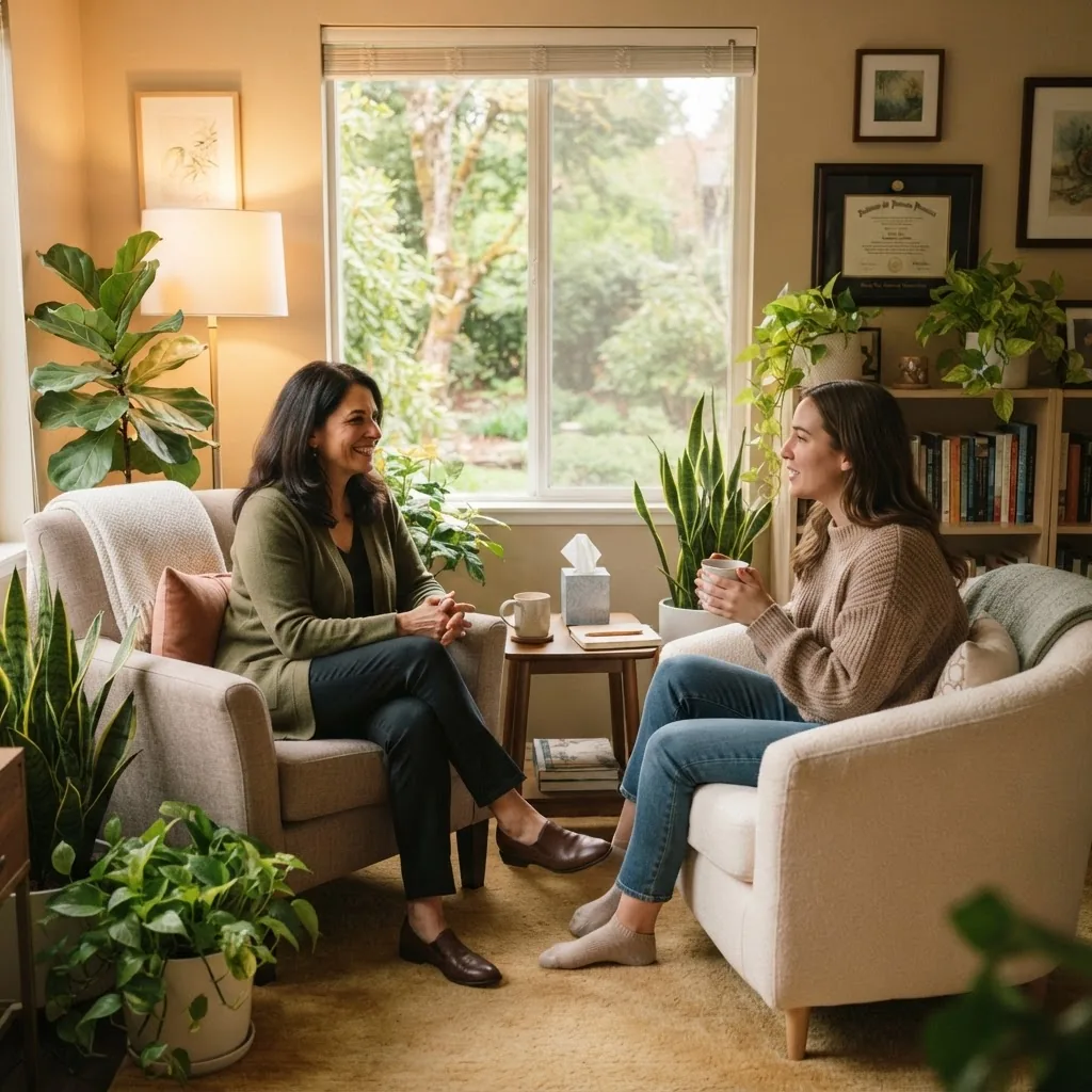 serene therapy setting showing a compassionate conversation between a therapist and a client in comfortable seating with plants, warm