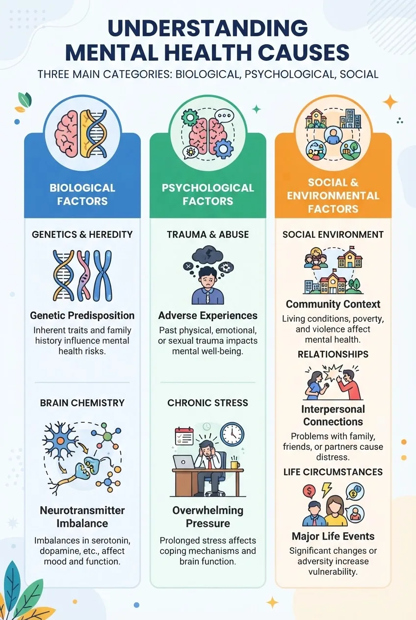 illustrating three main categories of mental health causes—biological (genes, brain chemistry), psychological (trauma, stress), and social