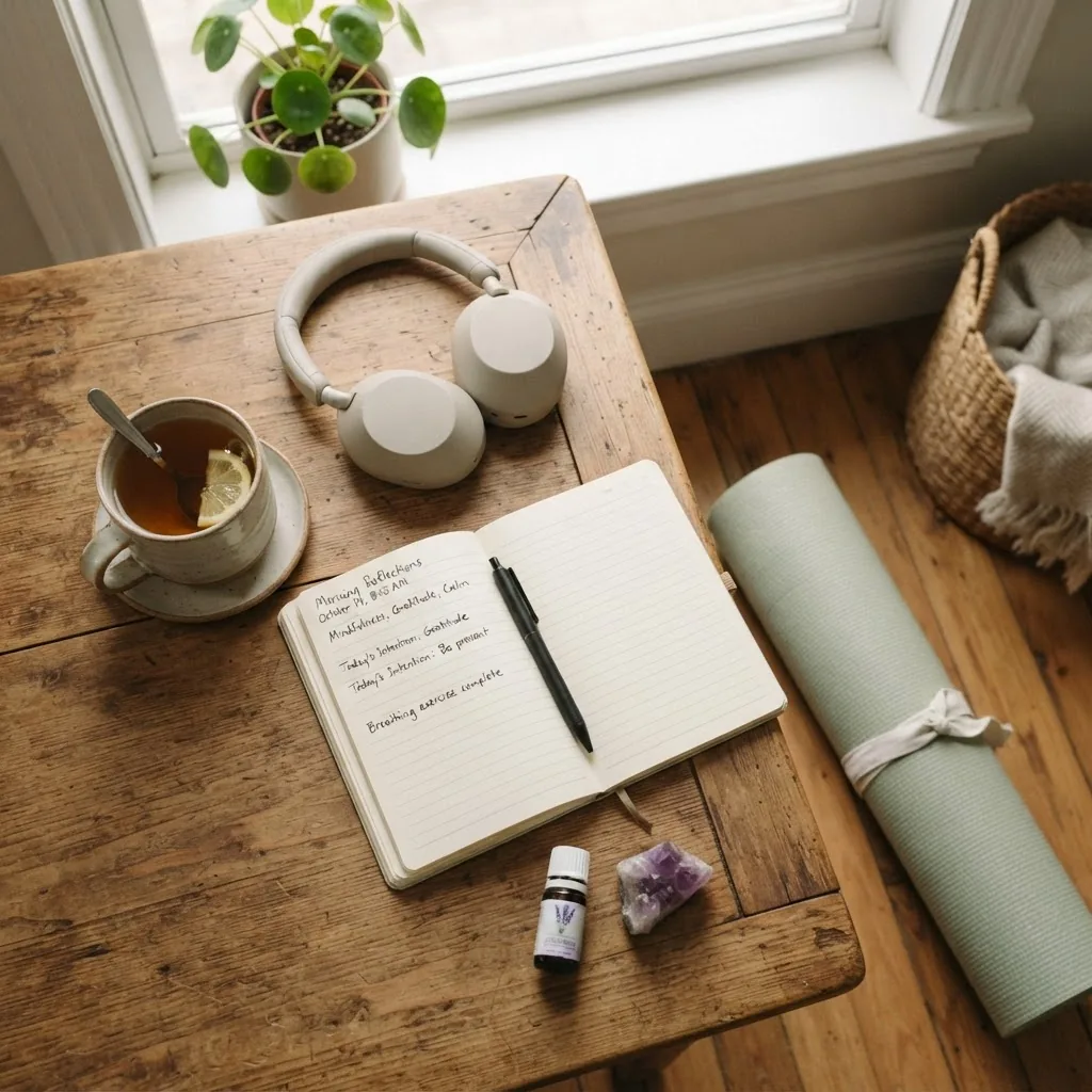 Overhead shot of a peaceful morning routine scene on a wooden table including a journal, tea cup, headphones, and a yoga mat in soft