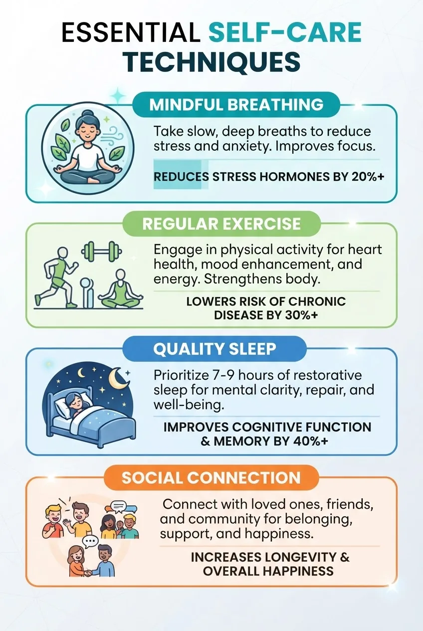 Clean infographic divided into four horizontal sections showing icons and short descriptions for key self-care techniques: mindful