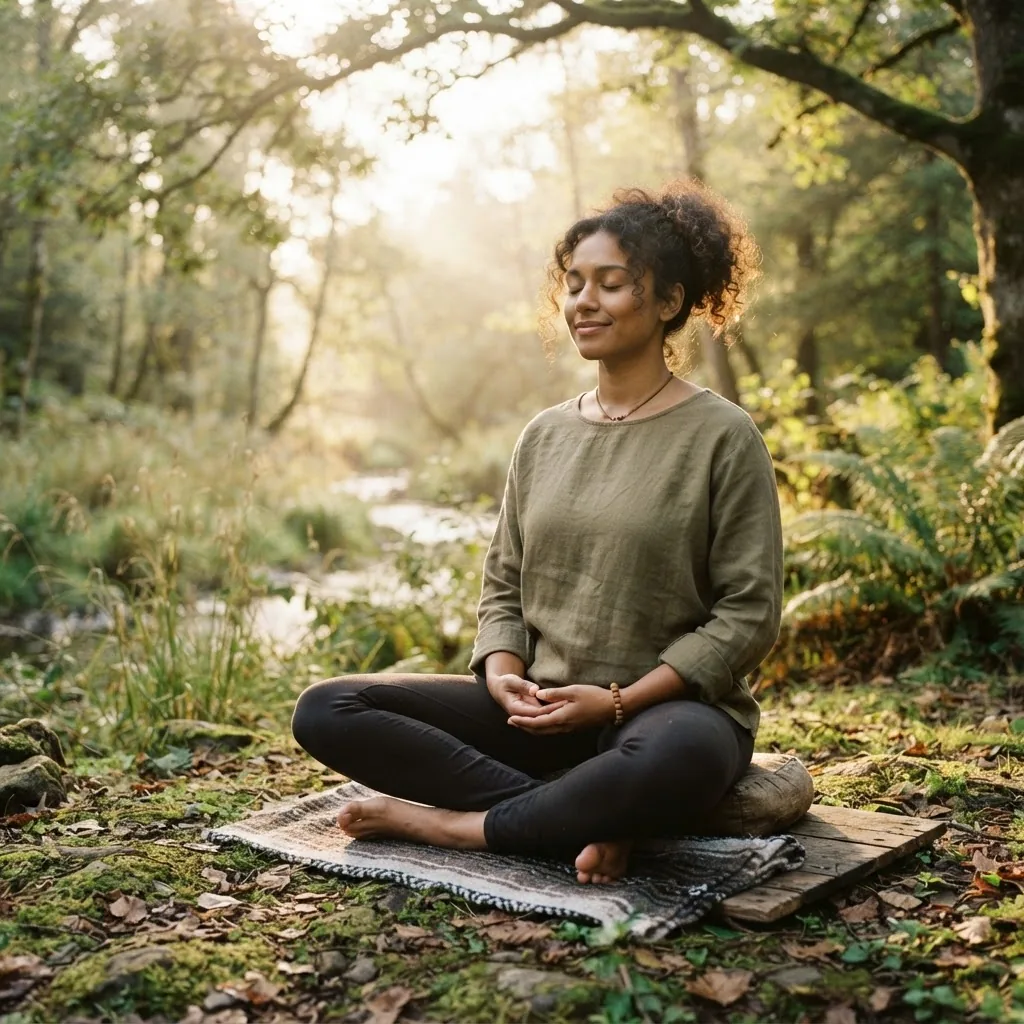 Photo of a diverse person sitting peacefully in a natural outdoor setting practicing mindfulness with closed eyes, early morning soft