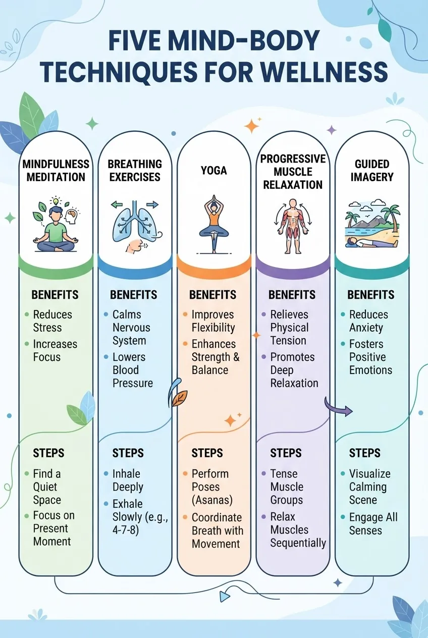 A clean infographic illustrating five mind-body techniques: mindfulness meditation, breathing exercises, yoga, progressive muscle