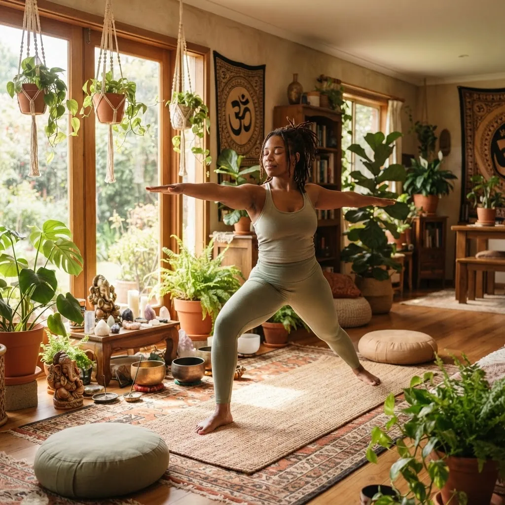 A calm indoor scene of a diverse person practicing mindful yoga in a sunlit room filled with plants, cushions, and spiritual decor, viewed