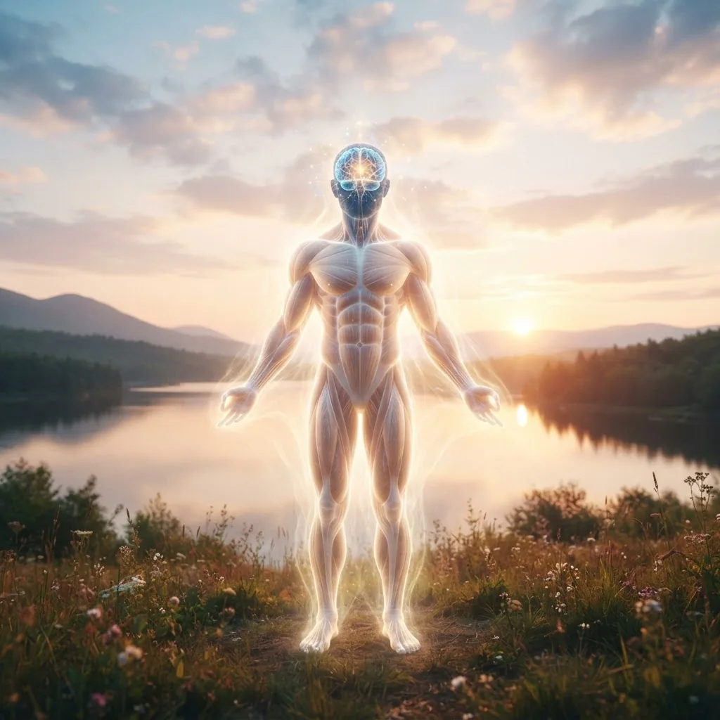 A serene composition showing a balanced human silhouette composed of three overlapping elements symbolizing mind (brain), body (muscular