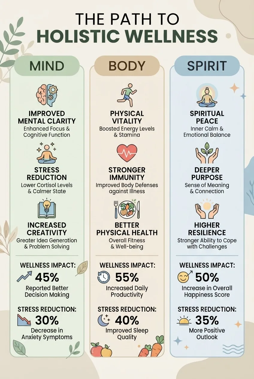 A clean infographic with three vertical columns labeled Mind, Body, Spirit, each containing 3 key benefits (e.g., improved mental clarity,