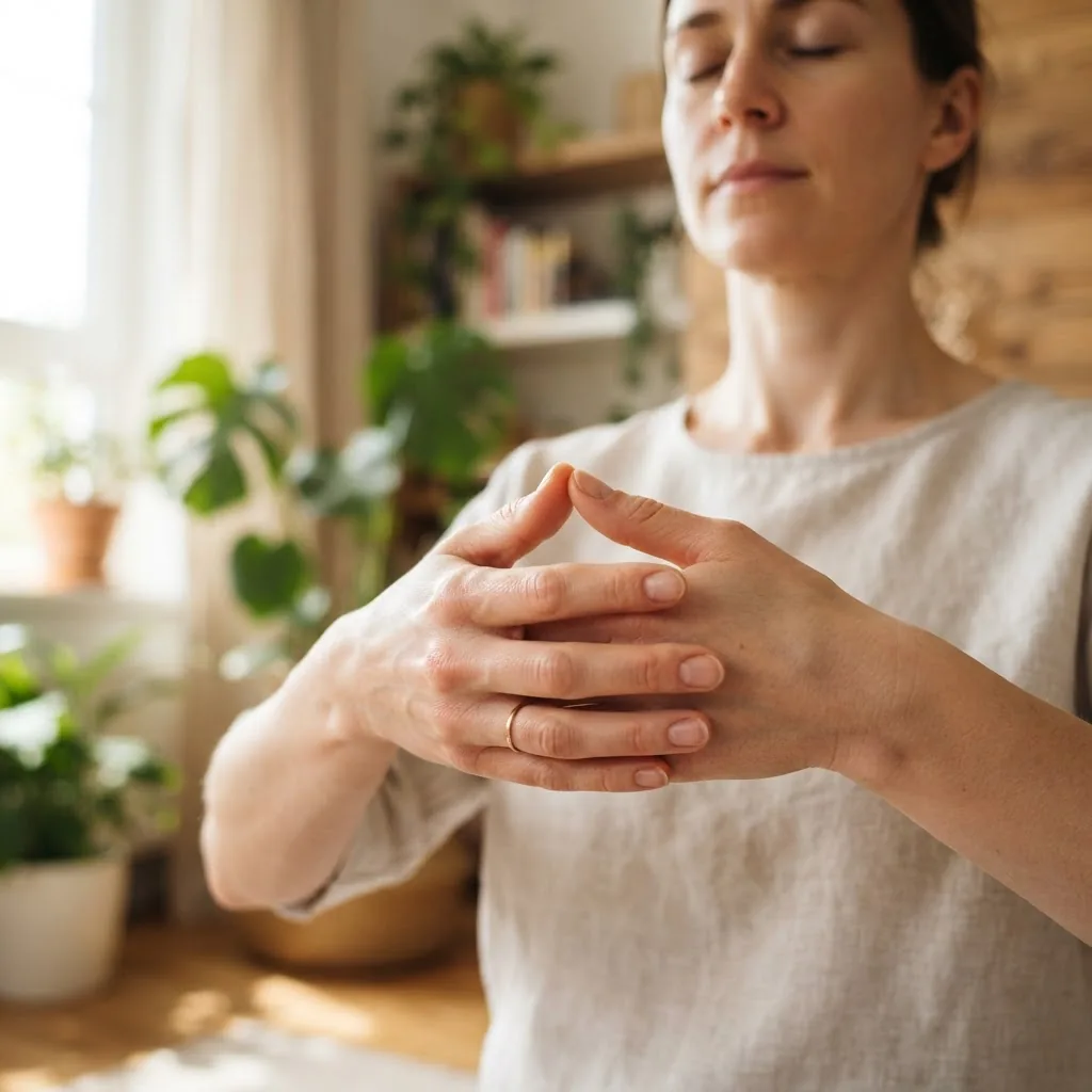 Close-up of hands performing mindful breathing exercises with a serene indoor background, soft daylight highlighting gentle hand movements,