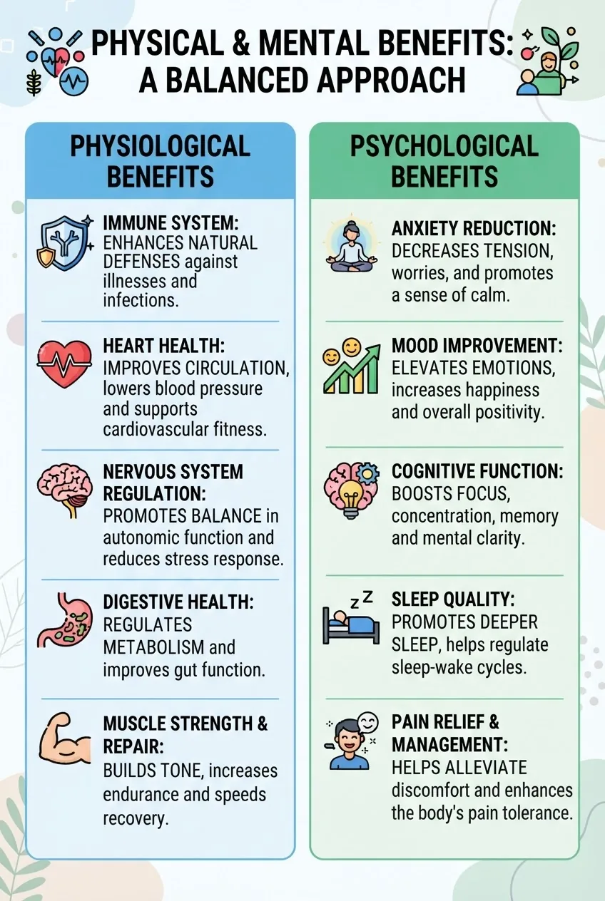 is divided into two columns titled “Physiological Benefits” and “Psychological Benefits,” each with five bullet points showing icons for