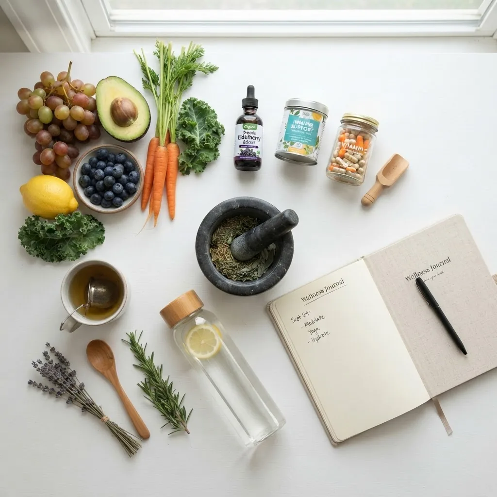 A flat lay of natural health tools including herbal supplements, fresh fruits and vegetables, a mortar and pestle with dried herbs, a water