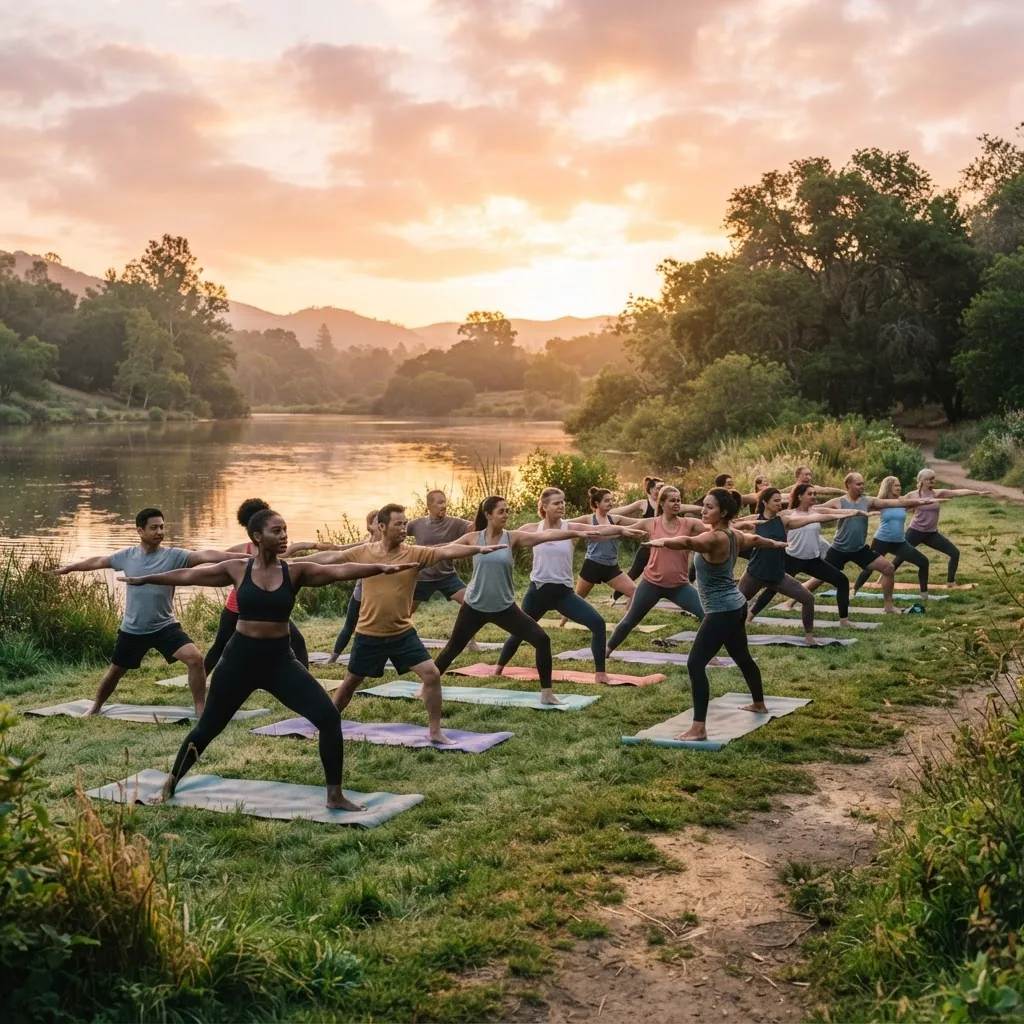 A bright, inviting holistic health scene showing a diverse group of people practicing yoga outdoors at sunrise in a natural park setting,