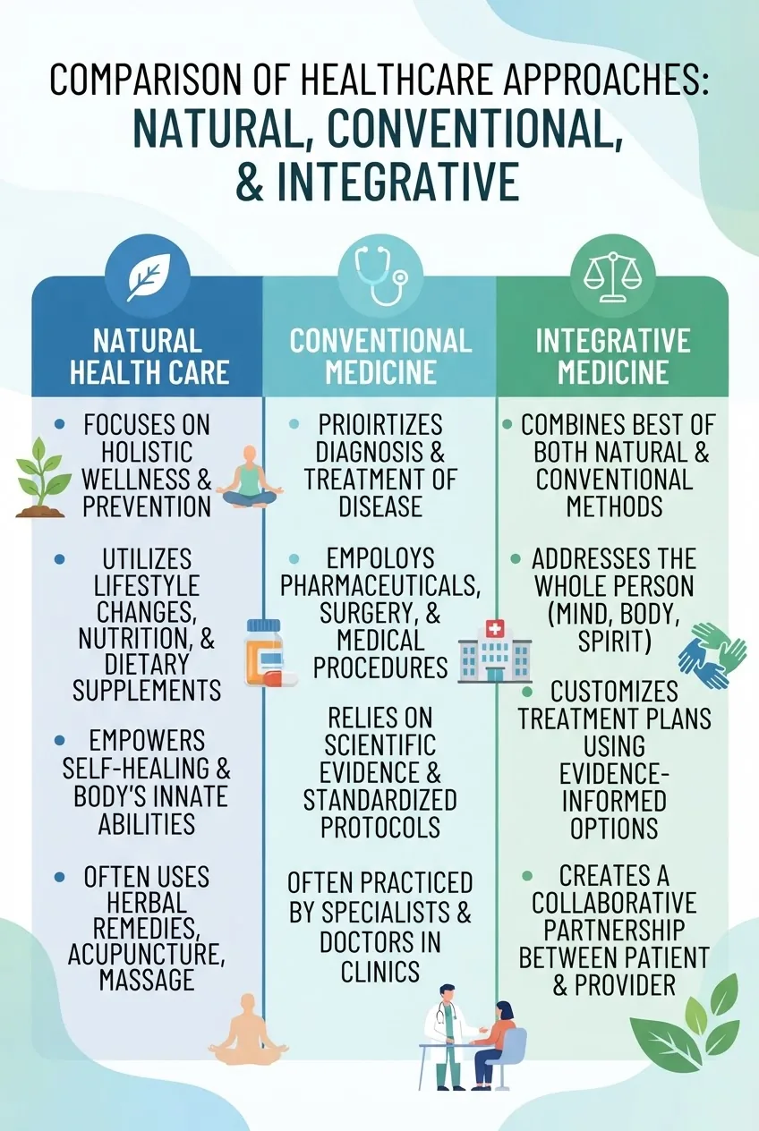 An infographic comparing three columns titled "Natural Health Care," "Conventional Medicine," and "Integrative Medicine," each with icons