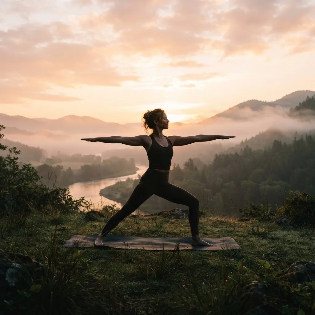 Peaceful scene of a person practicing yoga outdoors at sunrise, soft warm tones, silhouette against nature background with light mist,