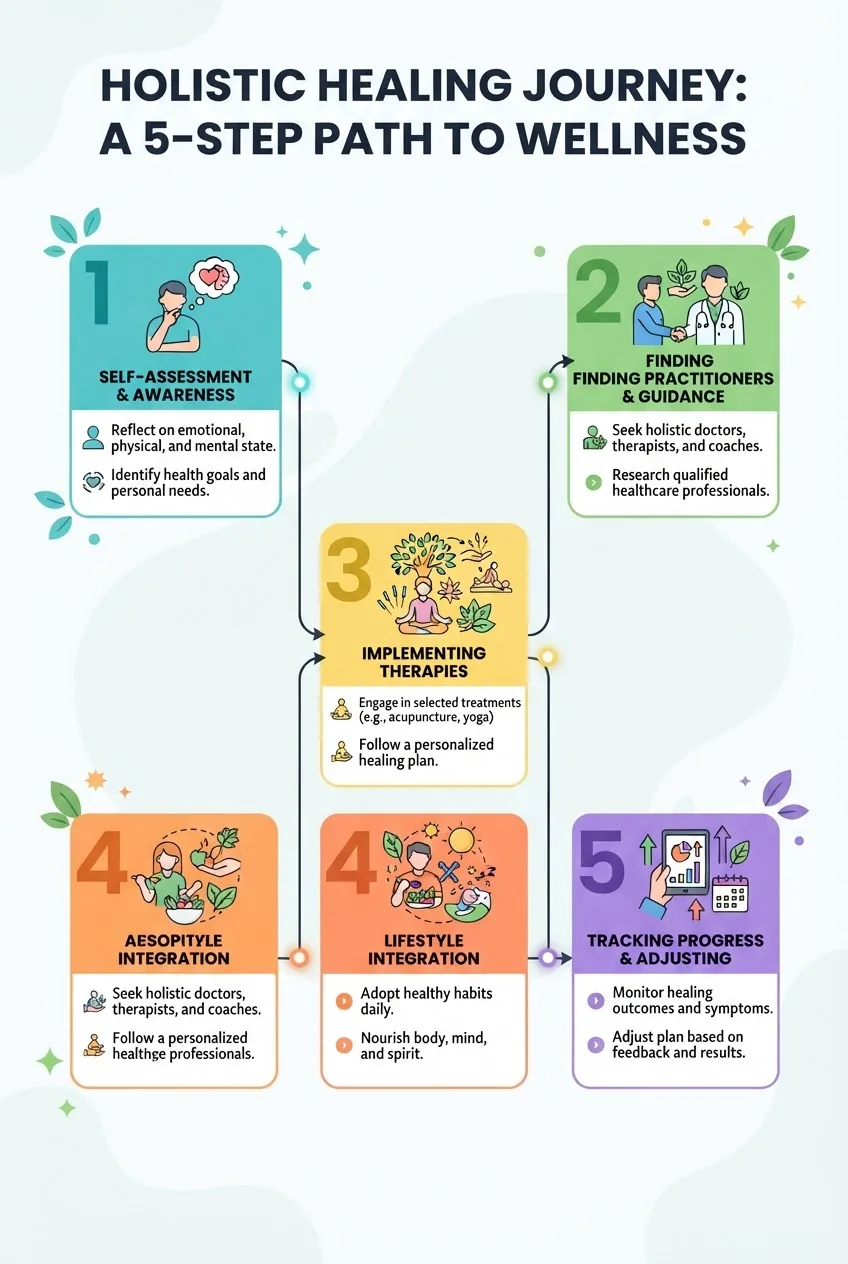 Infographic showing a 5-step holistic healing journey from self-assessment, finding practitioners, implementing therapies, lifestyle