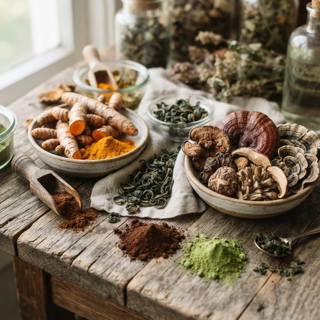 medicinal herbs and powders on rustic wooden surfaces, including turmeric roots, green tea leaves, and medicinal mushrooms, with soft