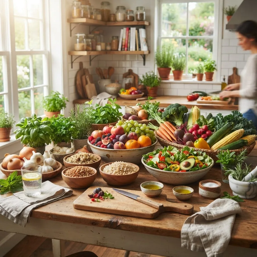 vibrant, bright kitchen scene showing a variety of colorful fresh fruits, vegetables, whole grains, and herbs arranged on a wooden table