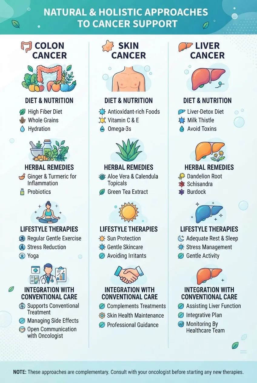 compares natural and holistic treatment approaches for colon, skin, and liver cancer in a three-column layout; each column features icons