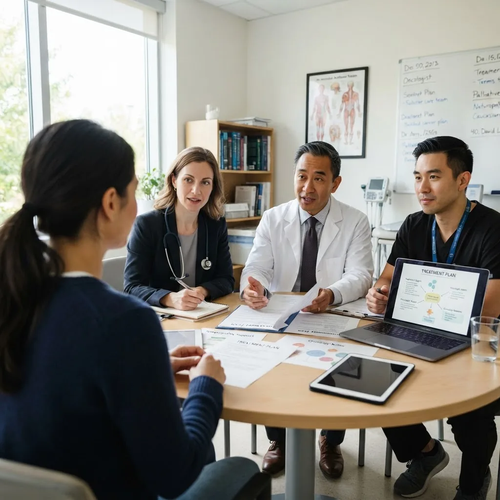 Image of a multidisciplinary cancer care team meeting in a bright hospital room, including a naturopath, oncologist, and patient discussing