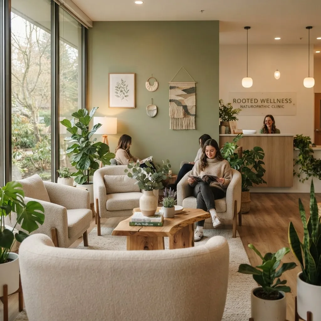 Photograph of a calm, modern naturopathic clinic waiting area with natural light, plants, and holistic art, showing a welcoming and healing