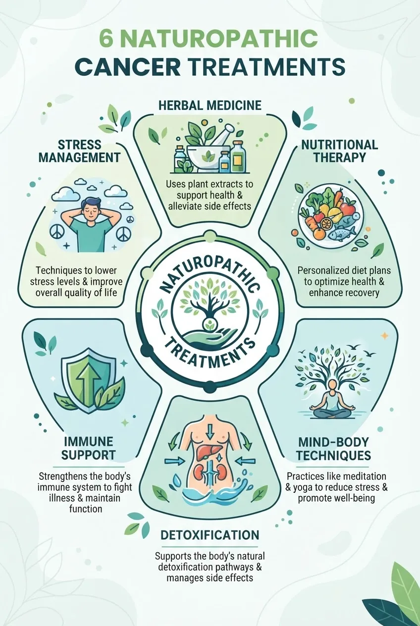 Infographic illustrating 6 key naturopathic cancer treatments arranged in a circle: herbal medicine, nutritional therapy, mind-body