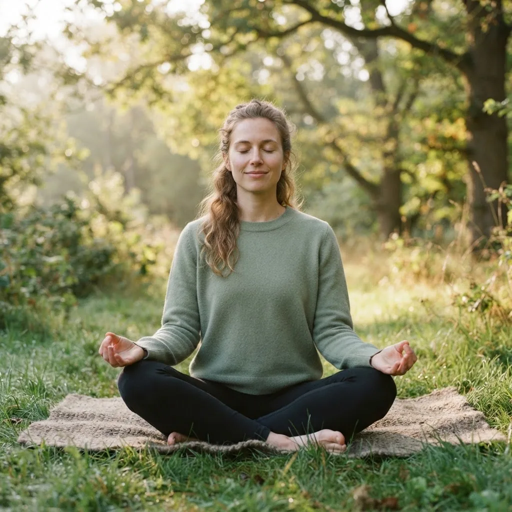 close-up of a person practicing mindfulness meditation seated cross-legged outdoors in soft morning light, serene facial expression,