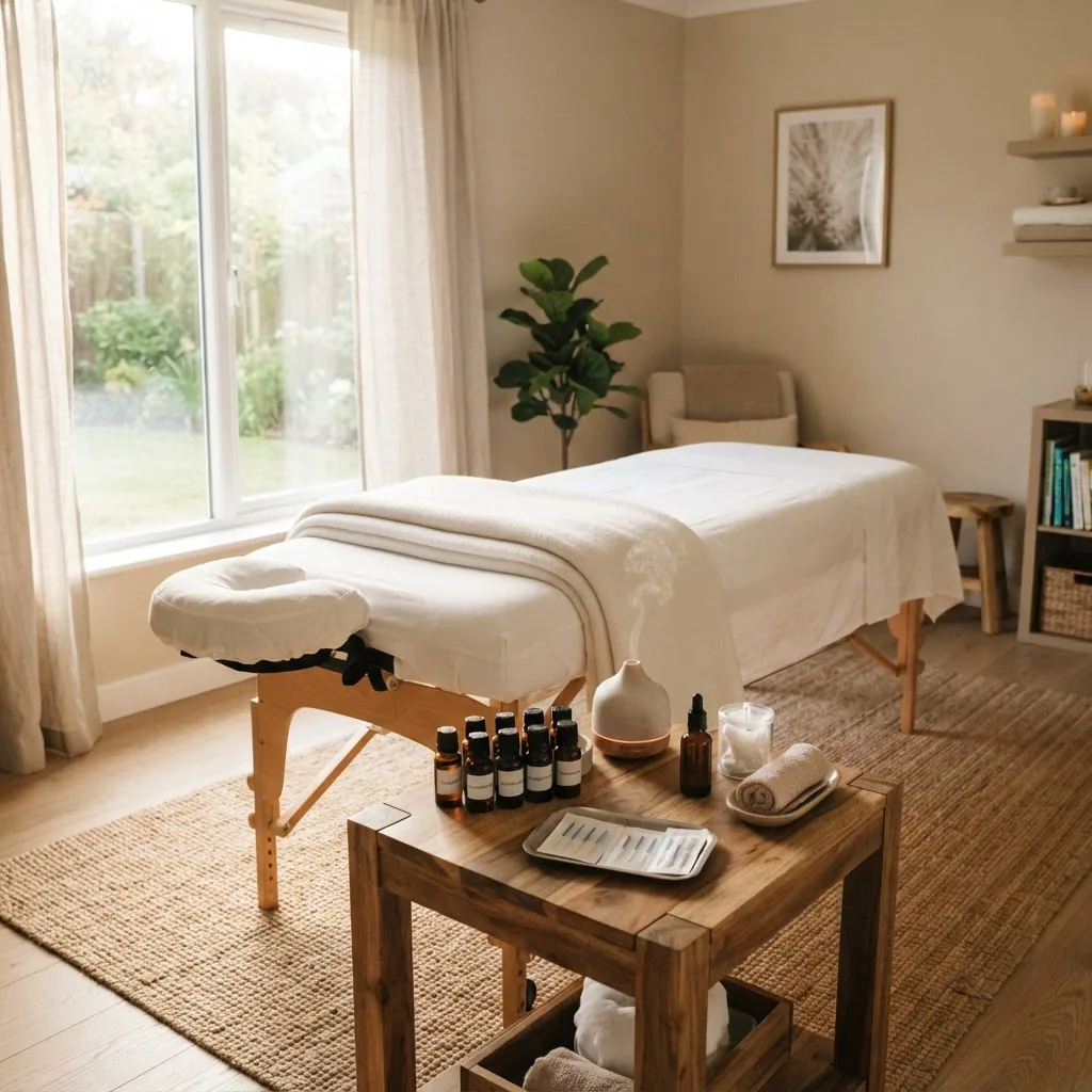 calming therapy room scene with natural light, showing a massage table with essential oils and acupuncture needles neatly arranged, clean