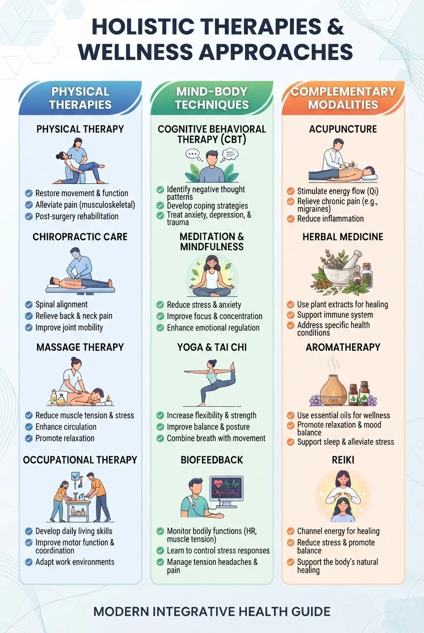 is divided into three columns titled Physical Therapies, Mind-Body Techniques, and Complementary Modalities, each column with 4 icons