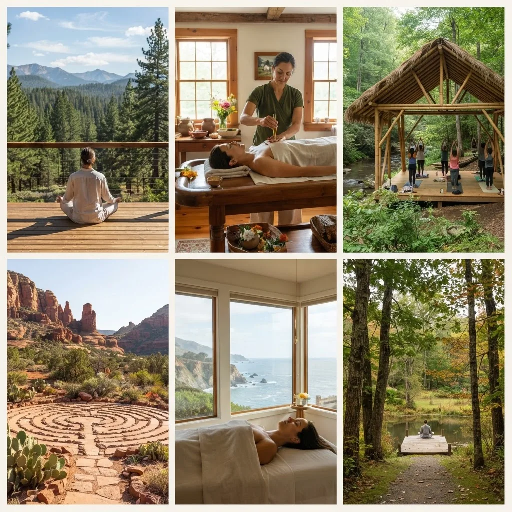 A collage-style image showing a selection of diverse Panchakarma retreat locations in the USA, featuring nature views, Ayurvedic treatment