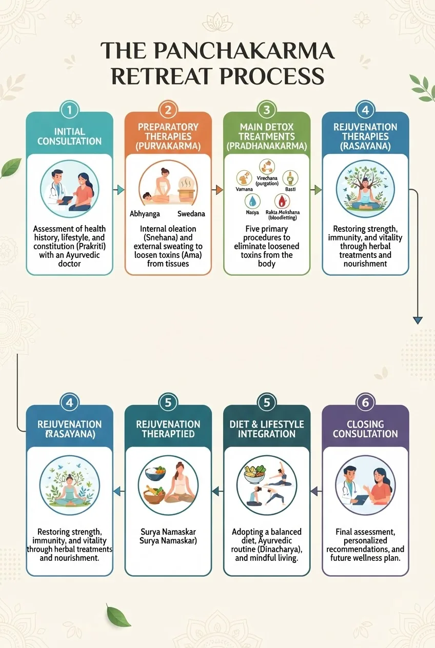 A multi-step infographic illustrating the Panchakarma retreat process: initial consultation, preparatory therapies, main detox treatments,