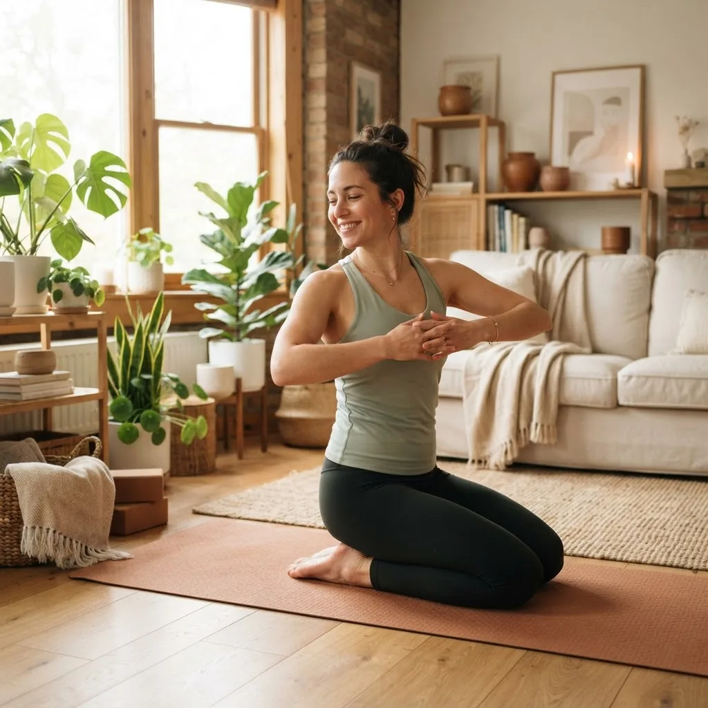 cozy indoor scene showing a person mid-30s using a yoga mat in a well-lit living room doing gentle stretches with a content smile,