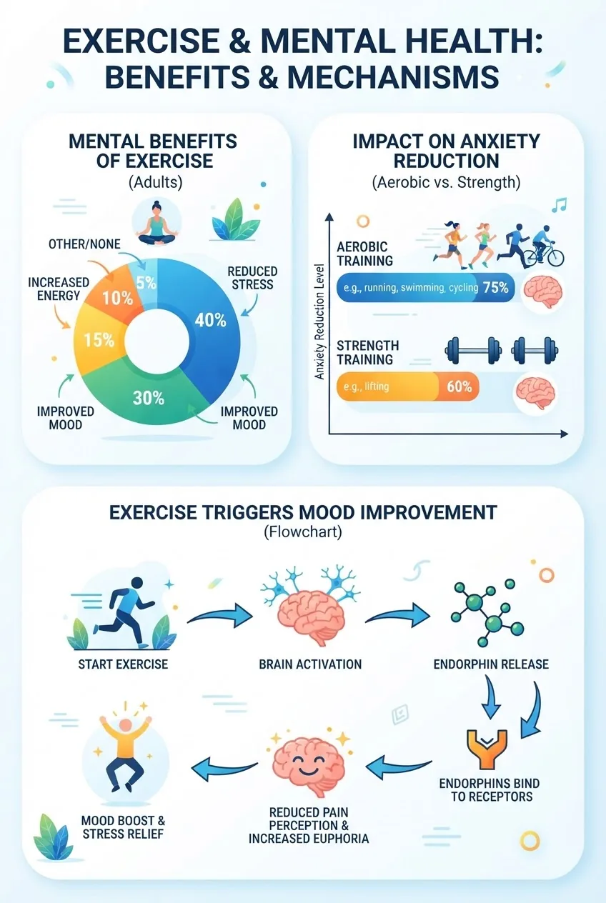 with three sections showing: 1) a pie chart of percentage of adults benefiting mentally from exercise, 2) bar graph comparing impact of