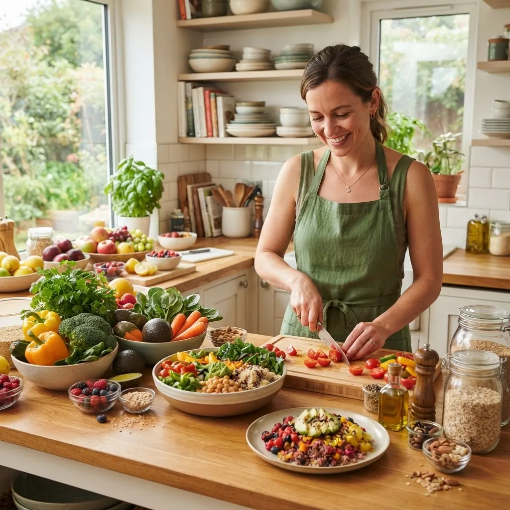 bright, warm kitchen scene featuring a colorful spread of healthy foods (vegetables, fruits, whole grains) and a person preparing a fresh