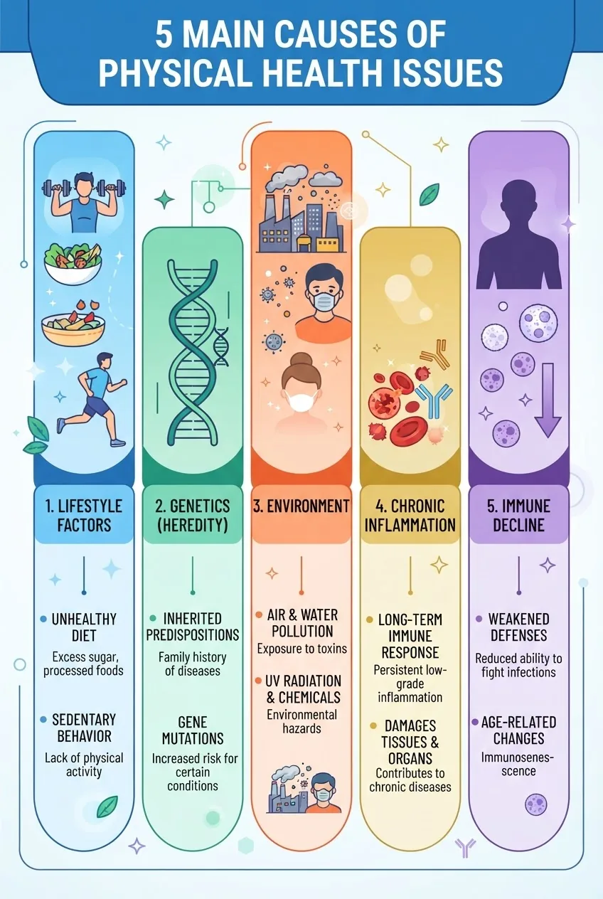 5 main causes of physical health issues: lifestyle factors, genetics, environment, chronic inflammation, and immune decline, each with an