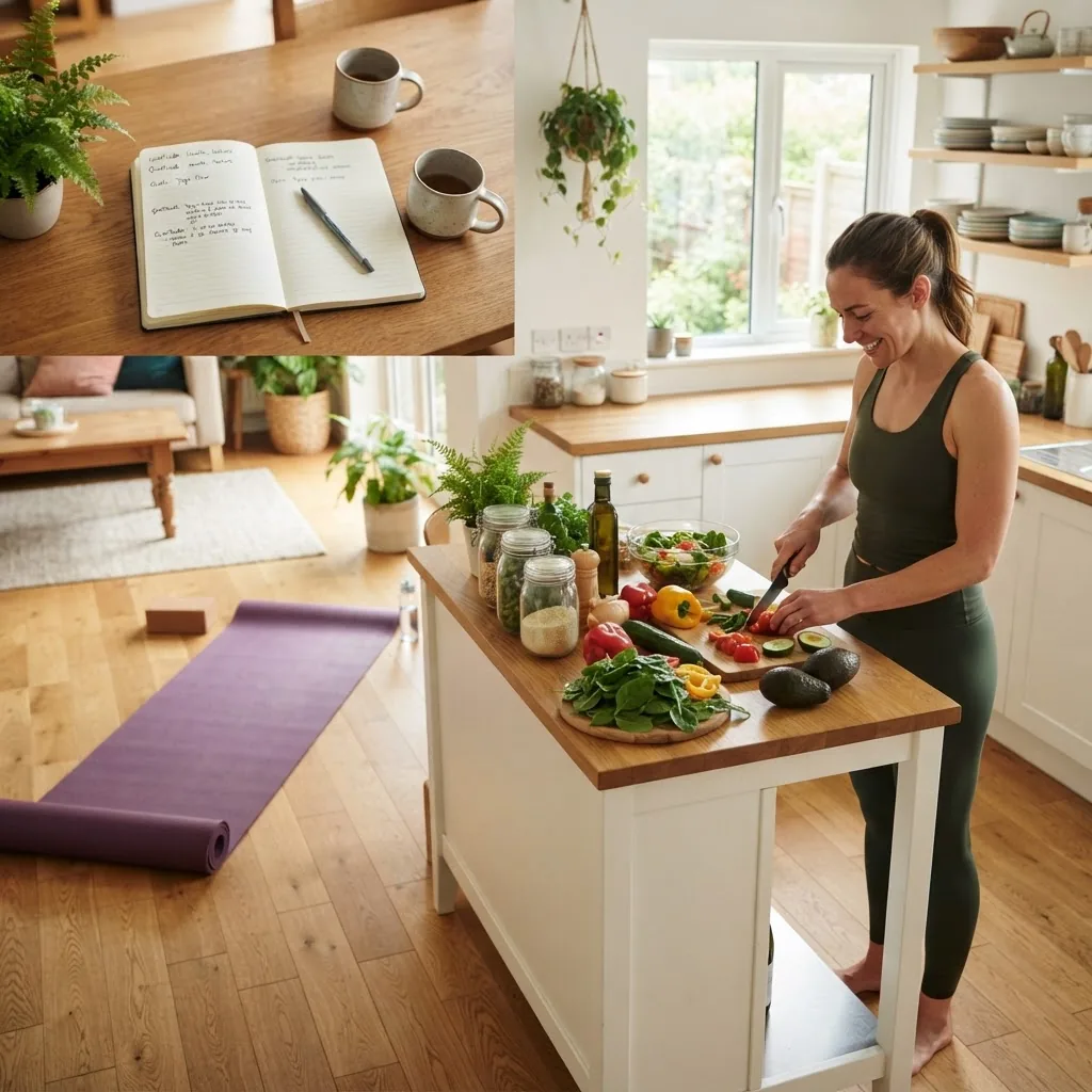 A bright, inviting home setting showing a person preparing a healthy meal in the kitchen, a yoga mat rolled out nearby, and a journal open