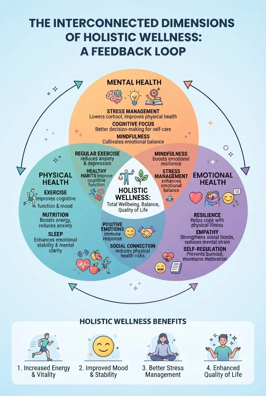 An infographic with three overlapping circles labeled Physical Health, Mental Health, and Emotional Health, showing their intersections