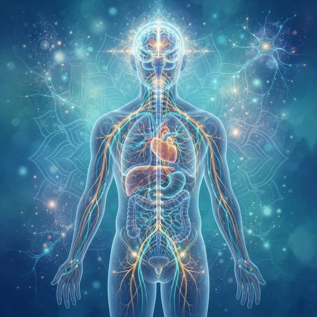 the human nervous system highlighting the brain, spinal cord, and autonomic nervous system pathways, with a calm blue background