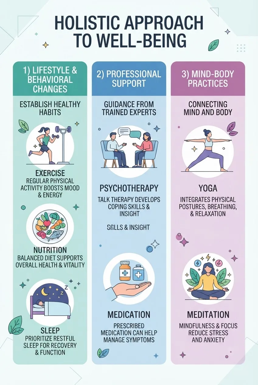 divided into three sections: 1) Lifestyle and Behavioral Changes (icons for exercise, nutrition, sleep), 2) Professional Support