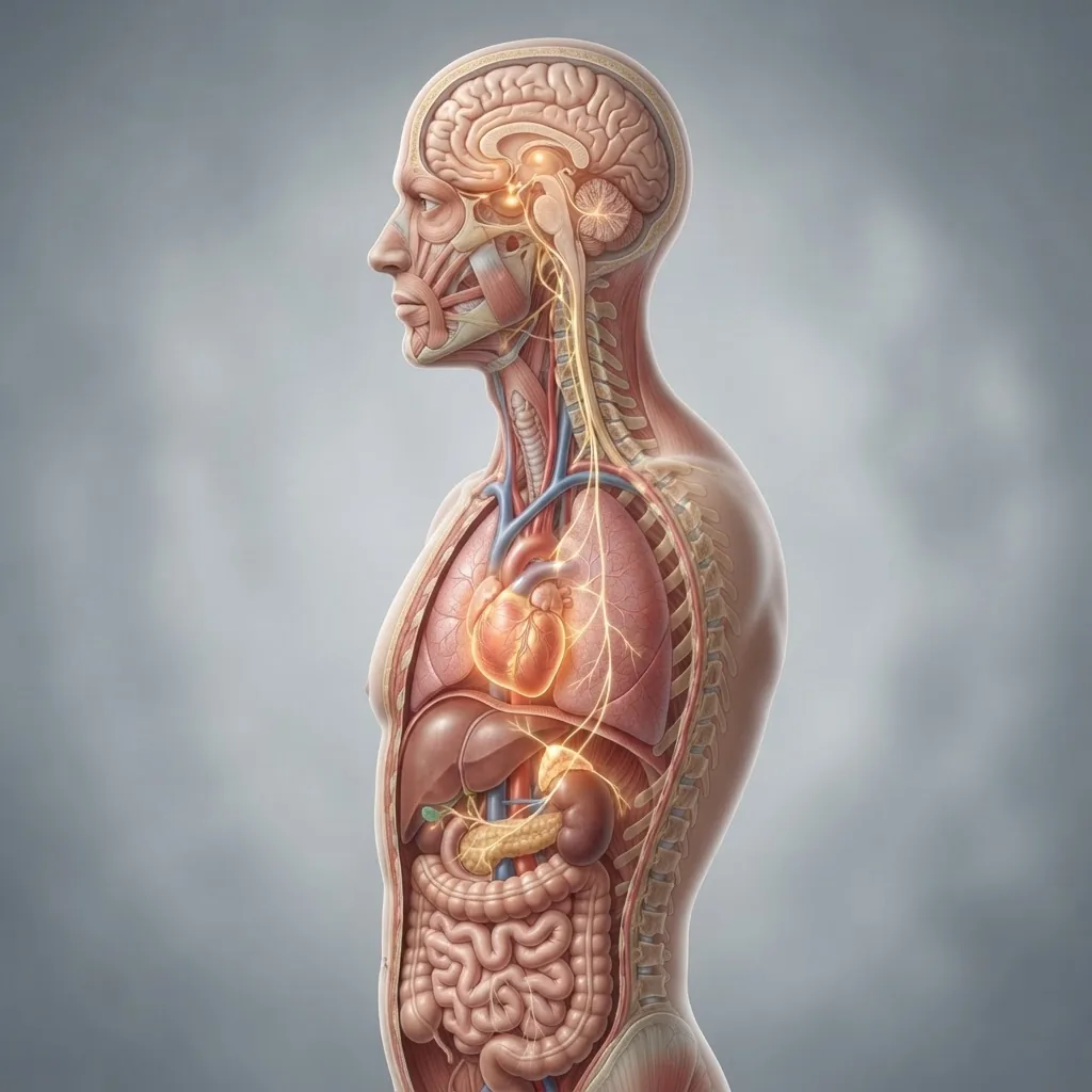 Detailed anatomical side-view illustration of a human torso highlighting key organs and systems (brain, adrenal glands, heart, digestive