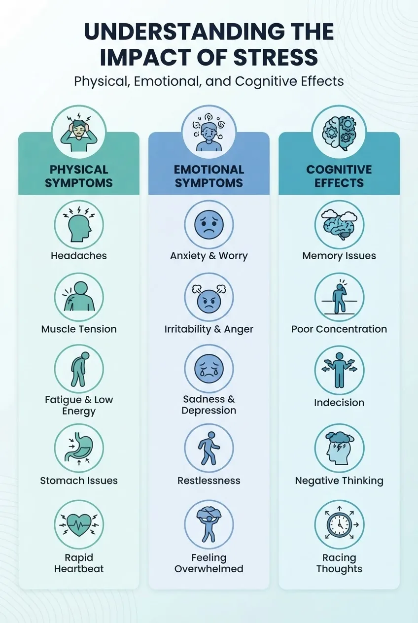 with three columns representing Physical Symptoms, Emotional Symptoms, and Cognitive Effects of stress, each column with 5 icons and brief