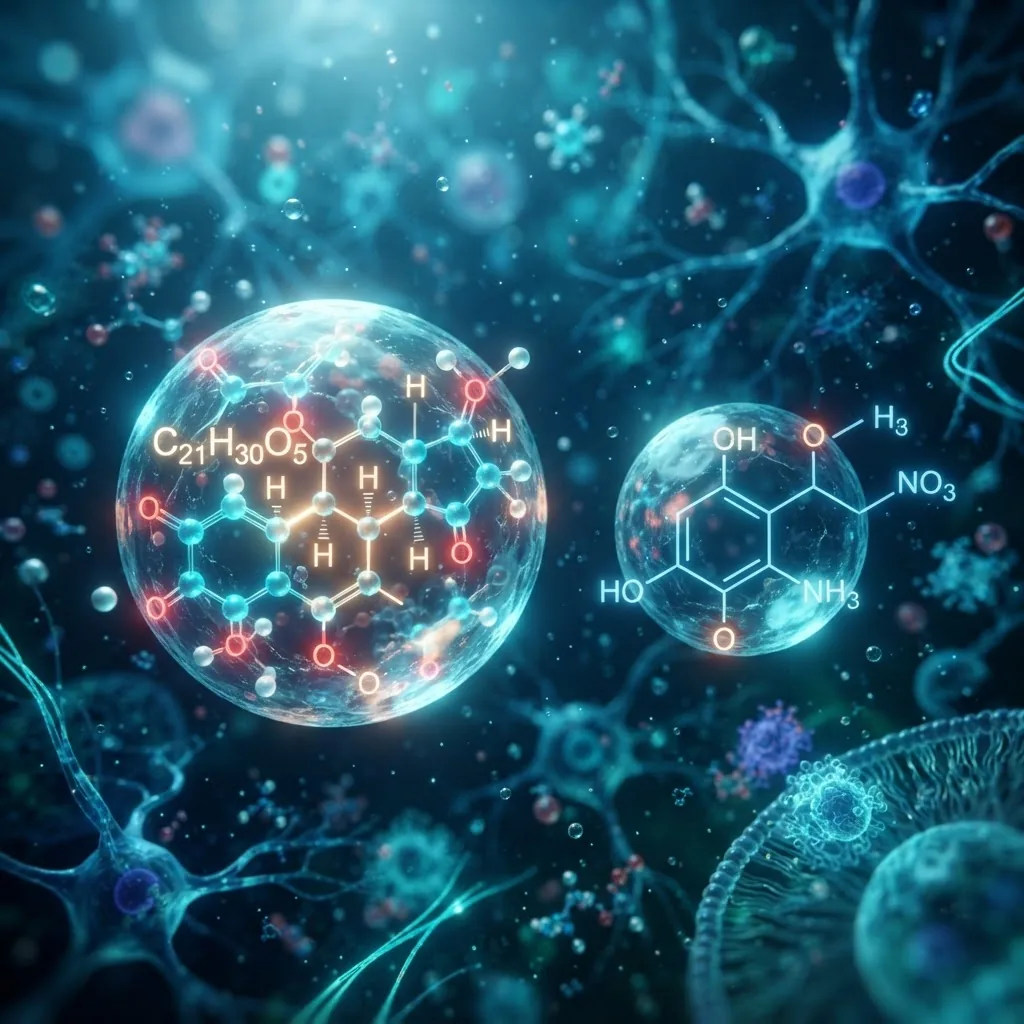 Close-up conceptual artistic image of hormone molecules cortisol and adrenaline, depicted as floating spheres with chemical structure