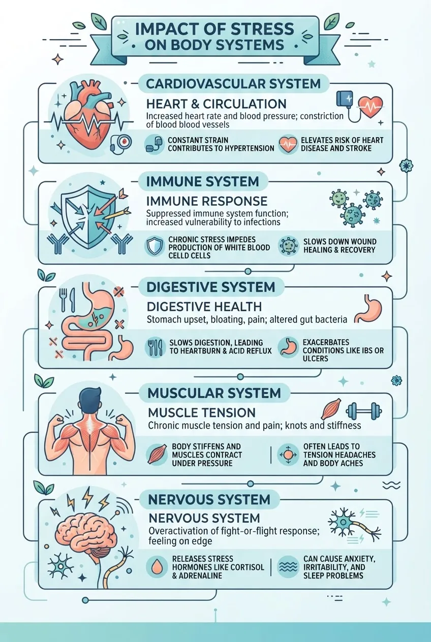 A vertically structured infographic showing stress impact on five body systems: cardiovascular, immune, digestive, muscular, and nervous