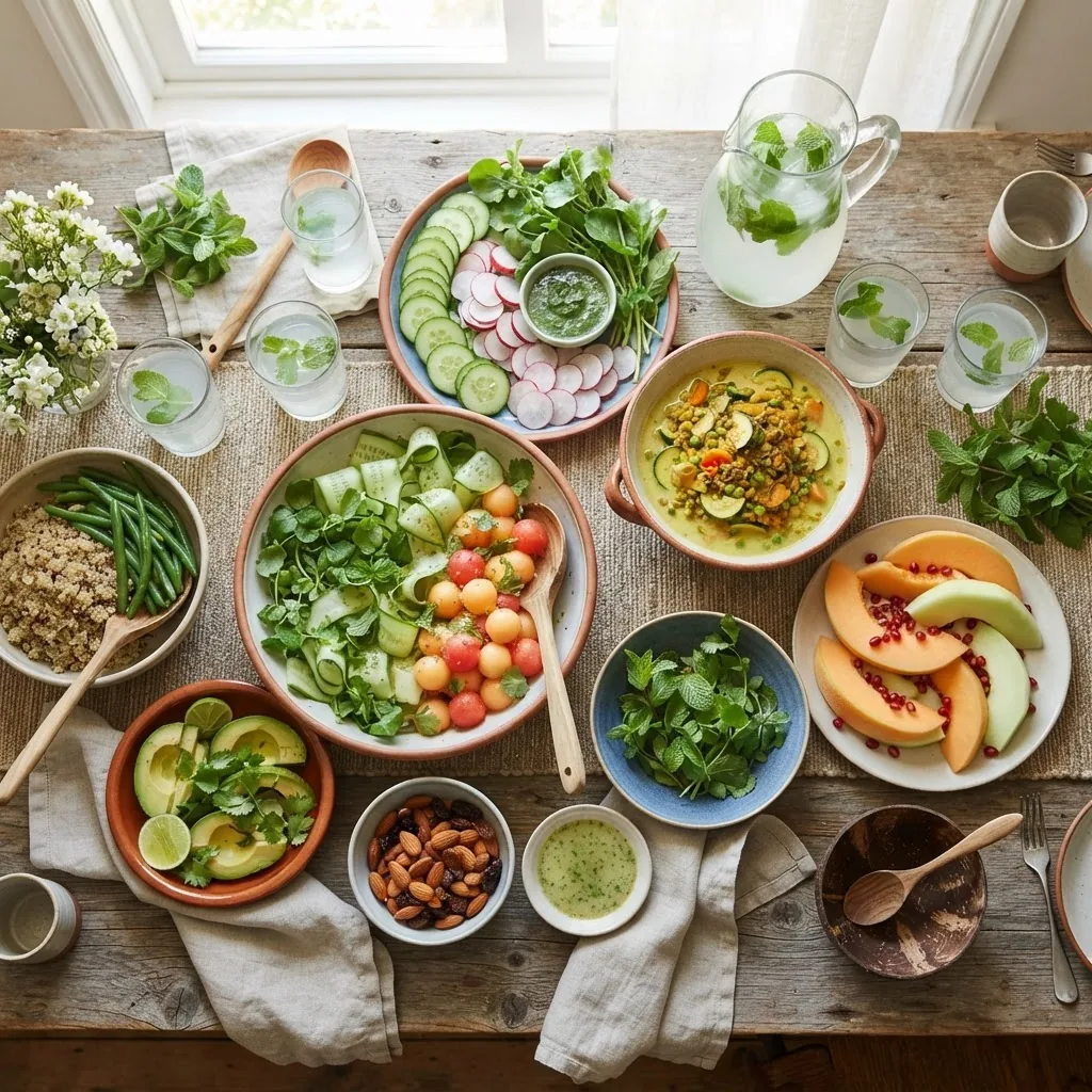 a colorful spread of fresh, cooling foods for Pitta dosha, including cucumbers, melons, leafy greens, coconut water, and mildly spiced