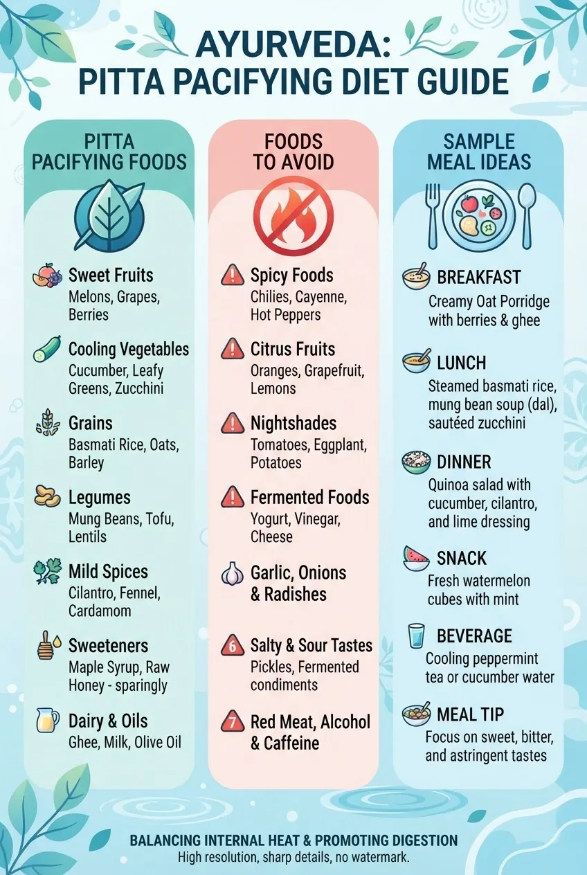 features three columns: Pitta Pacifying Foods, Foods to Avoid, and Sample Meal Ideas; each column includes icons (leaf for vegetables,