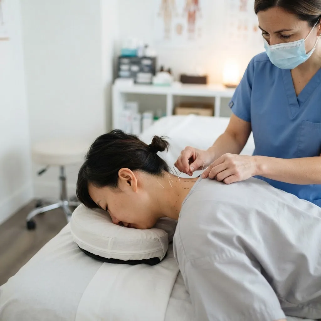 Professional acupuncture session image showing sterile acupuncture needles inserted precisely along the neck’s acupuncture points on a
