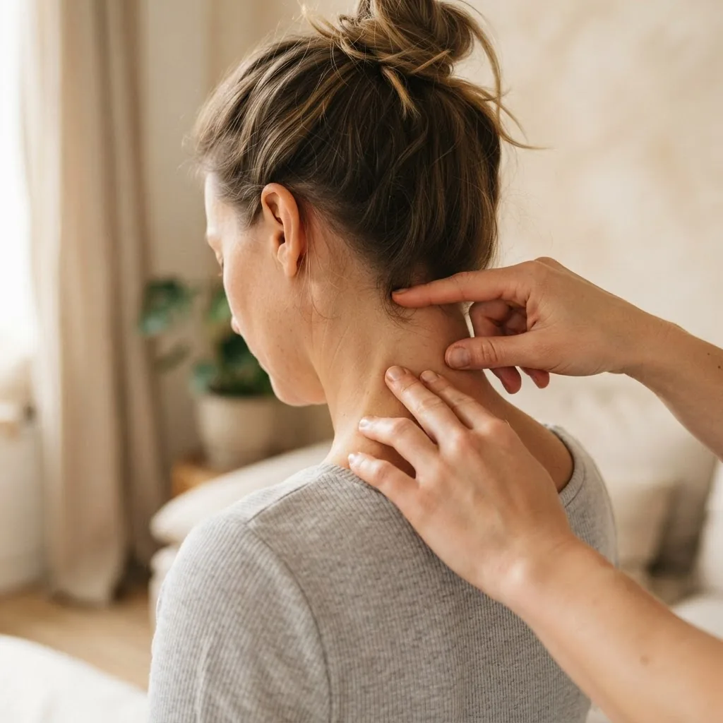 Close-up image of a person’s neck and upper back showing fingertips pressing specific pressure points on the neck and back of the neck, in