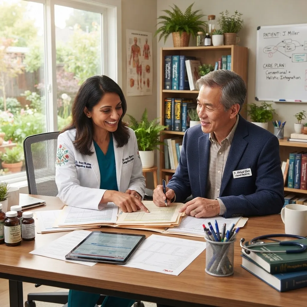 A professional healthcare collaboration scene with an integrative medicine doctor and a conventional physician reviewing patient charts