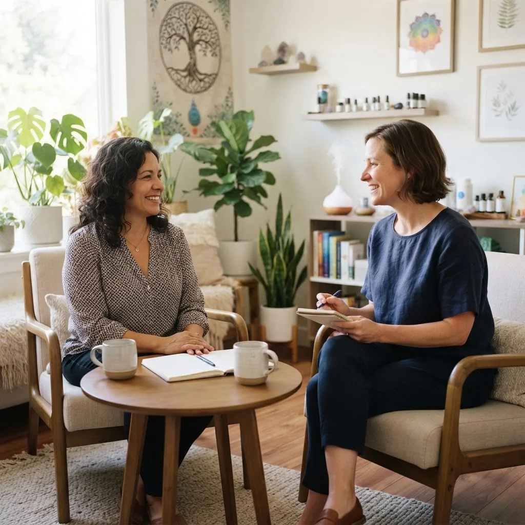 A welcoming consultation scene inside a modern holistic health center, showing a diverse middle-aged patient and a practitioner in a