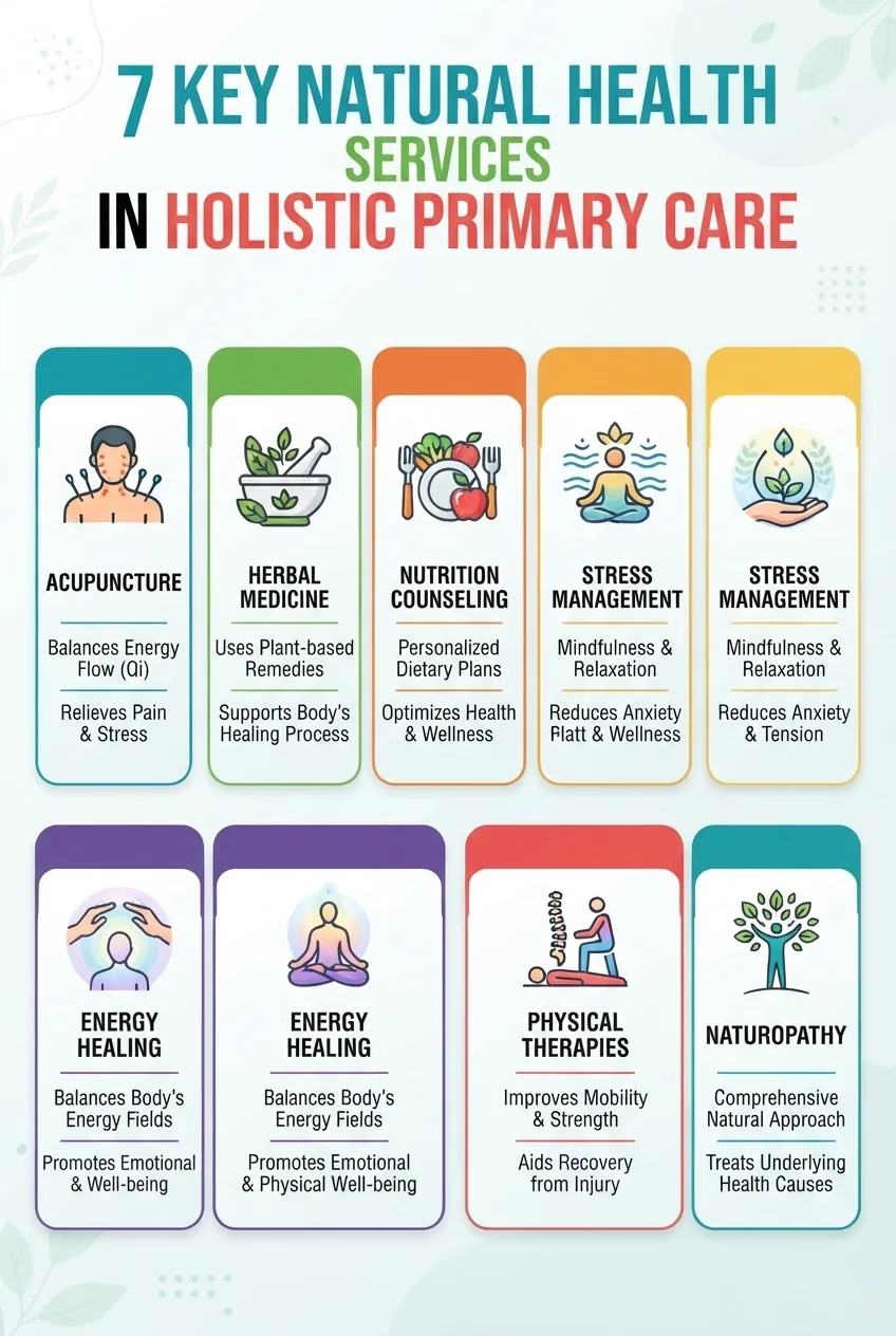 A clean, visually engaging infographic displaying 7 key natural health services commonly offered in primary care holistic centers: