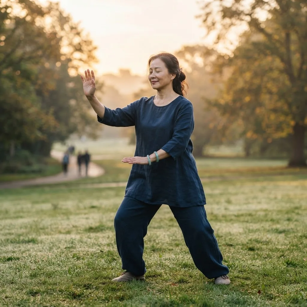a middle-aged person practicing a slow, flowing qi gong movement in a park at sunrise, soft natural light illuminating gentle hand